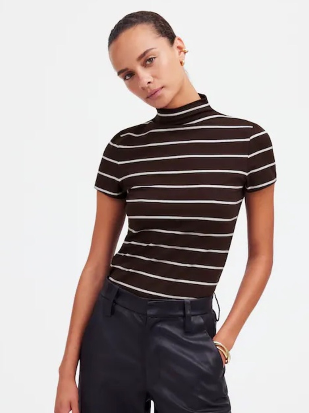 Madewell Short-Sleeve Mockneck Tee in Dark Carob Stripe